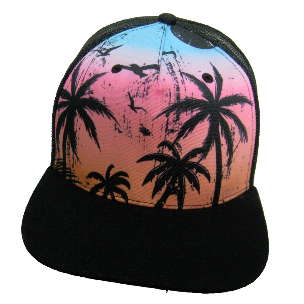 Beach Palm Trees Men's Women's Black Baseball Cap Mesh Trucker Hat Snapback
